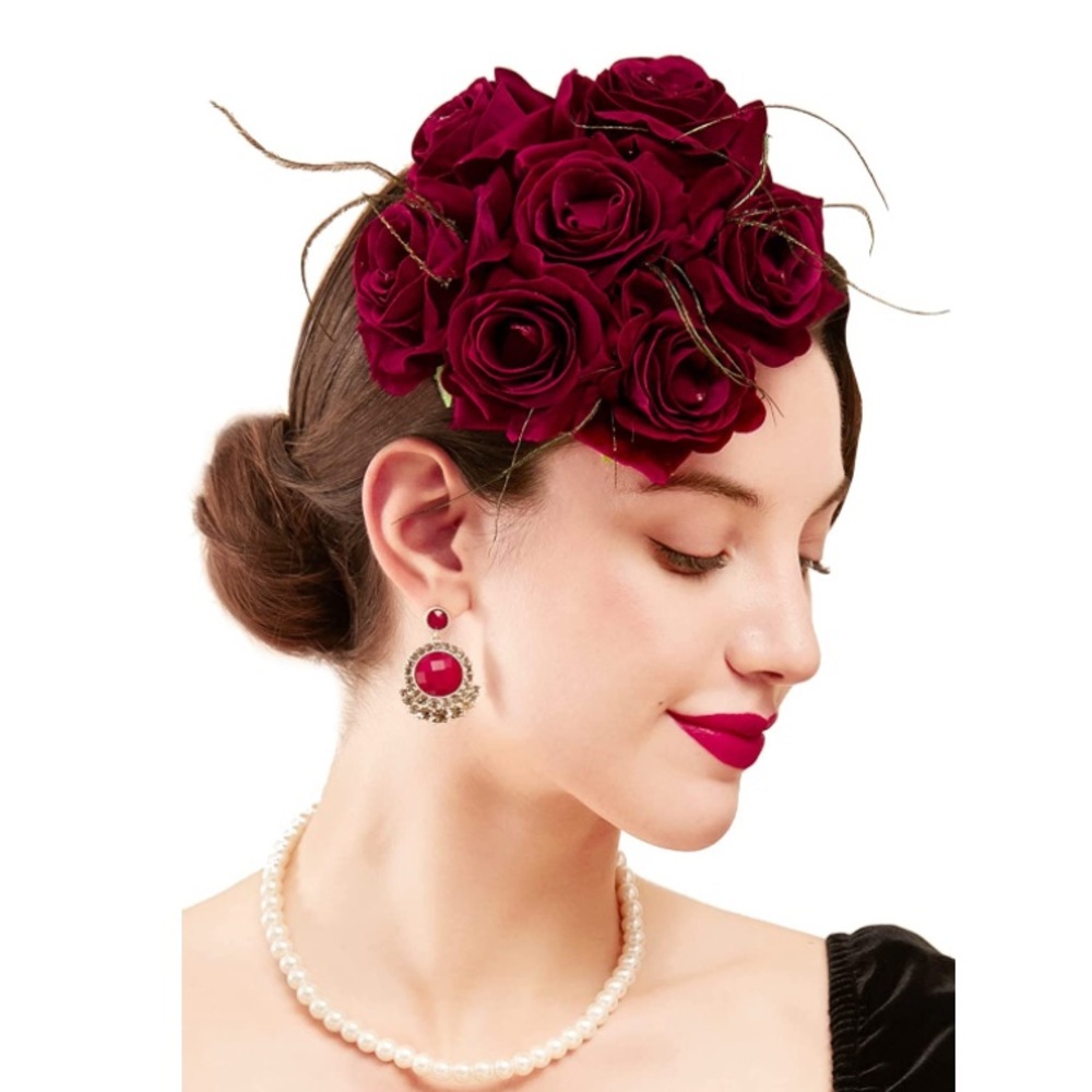 Wine Red Roses Headband Kentucky Derby Flower Hair Clip